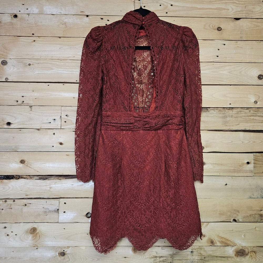 Saylor Celia Russet Lace Mock Neck Mini Dress Long Sleeve Puff Shoulder XS - Picture 4 of 10